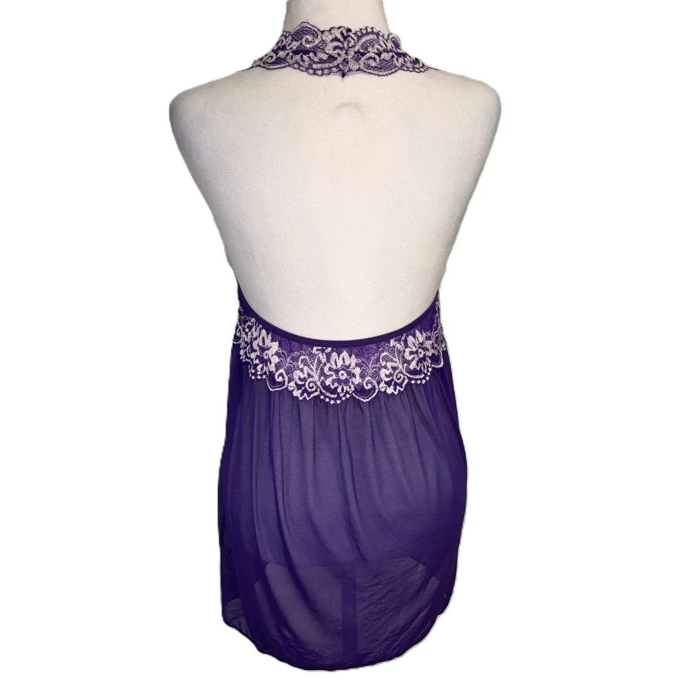 Babydoll Sheer Halter Slip Dress Women L Purple Floral Lace Festival Romantic